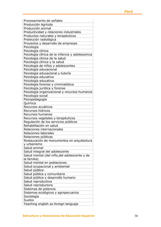Perú

Procesamiento de señales
Producción Agrícola
Producción animal
Productividad y relaciones industriales
Productos naturales y terapéuticos
Protección radiológica
Proyectos y desarrollo de empresas
Psicología
Psicología clínica
Psicología clínica de la infancia y adolescencia
Psicología clinica de la salud
Psicología clínica y la salud
Psicología de niños y adolescentes
Psicología educacional
Psicología educacional y tutoría
Psicologia educativa
Psicología educativa
Psicología forense y criminalística
Psicología jurídica y forense
Psicología organizacional y recursos humanos
Psicología social
Psicopedagogía
Química
Recursos acuáticos
Recursos hídricos
Recursos humanos
Recursos vegetales y terapéuticos
Regulación de los servicios públicos
Rehabilitación en salud
Relaciones internacionales
Relaciones laborales
Relaciones públicas
Restauración de monumentos en arquitectura
y urbanismo
Salud animal
Salud integral del adolescente
Salud mental (del niño,del adolescente y de
la familia)
Salud mental en poblaciones
Salud ocupacional y ambiental
Salud pública
Salud pública y comunitaria
Salud pública y desarrollo humano
Salud reproductiva
Salud reproductora
Sistemas de potencia
Sistemas ecológicos y agropecuarios
Sociología
Suelos
Teaching english as foreign languaje


Estructura y titulaciones de Educación Superior           38
 