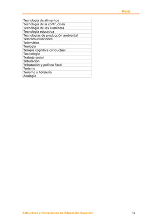 Perú

Tecnología de alimentos
Tecnología de la contrucción
Tecnología de los alimentos
Tecnología educativa
Tecnologias de producción ambiental
Telecomunicaciones
Telemática
Teología
Terapia cognitiva conductual
Toxicología
Trabajo social
Tributación
Tributación y política fiscal
Turismo
Turismo y hotelería
Zoología




Estructura y titulaciones de Educación Superior          39
 