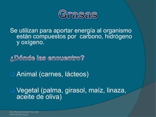Se utilizan para aportar energía al organismo
  están compuestos por carbono, hidrógeno
  y oxígeno.




    Animal (carnes, lácteos)

    Vegetal (palma, girasol, maíz, linaza,
     aceite de oliva)

COLPEDAGOGOSH FILIA DE
SAN PEDRO SULA
 