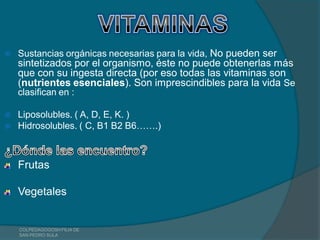    Sustancias orgánicas necesarias para la vida, No pueden ser
    sintetizados por el organismo, éste no puede obtenerlas más
    que con su ingesta directa (por eso todas las vitaminas son
    (nutrientes esenciales). Son imprescindibles para la vida Se
    clasifican en :

   Liposolubles. ( A, D, E, K. )
   Hidrosolubles. ( C, B1 B2 B6…….)



    Frutas

    Vegetales


    COLPEDAGOGOSH FILIA DE
    SAN PEDRO SULA
 