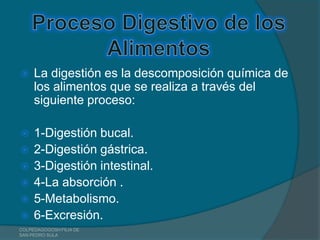     La digestión es la descomposición química de
     los alimentos que se realiza a través del
     siguiente proceso:

    1-Digestión bucal.
    2-Digestión gástrica.
    3-Digestión intestinal.
    4-La absorción .
    5-Metabolismo.
    6-Excresión.
COLPEDAGOGOSH FILIA DE
SAN PEDRO SULA
 