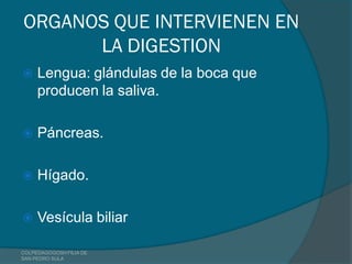 ORGANOS QUE INTERVIENEN EN
      LA DIGESTION
    Lengua: glándulas de la boca que
     producen la saliva.

    Páncreas.

    Hígado.

    Vesícula biliar

COLPEDAGOGOSH FILIA DE
SAN PEDRO SULA
 