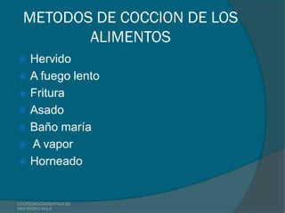 METODOS DE COCCION DE LOS
         ALIMENTOS
 Hervido
 A fuego lento
 Fritura
 Asado
 Baño maría
 A vapor
 Horneado



COLPEDAGOGOSH FILIA DE
SAN PEDRO SULA
 