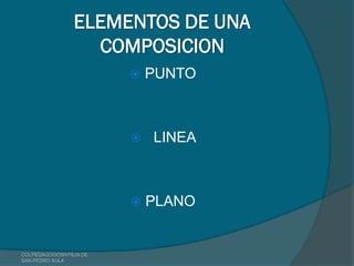ELEMENTOS DE UNA
                   COMPOSICION
                            PUNTO



                            LINEA



                            PLANO


COLPEDAGOGOSH FILIA DE
SAN PEDRO SULA
 