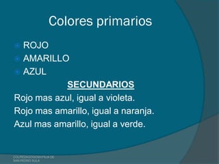 Colores primarios
 ROJO
 AMARILLO
 AZUL
            SECUNDARIOS
Rojo mas azul, igual a violeta.
Rojo mas amarillo, igual a naranja.
Azul mas amarillo, igual a verde.


COLPEDAGOGOSH FILIA DE
SAN PEDRO SULA
 