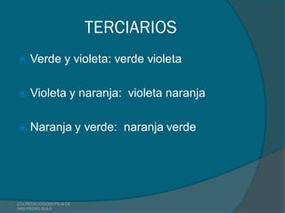 TERCIARIOS
    Verde y violeta: verde violeta

    Violeta y naranja: violeta naranja

    Naranja y verde: naranja verde




COLPEDAGOGOSH FILIA DE
SAN PEDRO SULA
 