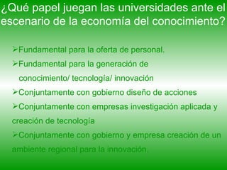 ¿Qué papel juegan las universidades ante el escenario de la economía del conocimiento? Fundamental para la oferta de personal. Fundamental para la generación de  conocimiento/ tecnología/ innovación  Conjuntamente con gobierno diseño de acciones Conjuntamente con empresas investigación aplicada y creación de tecnología Conjuntamente con gobierno y empresa creación de un ambiente regional para la innovación. 