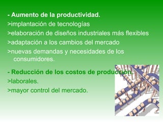 - Aumento de la productividad. >implantación de tecnologías  >elaboración de diseños industriales más flexibles  >adaptación a los cambios del mercado  >nuevas demandas y necesidades de los consumidores. - Reducción de los costos de producción. >laborales.  >mayor control del mercado. 