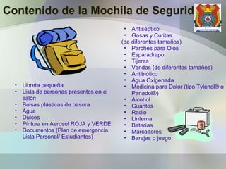 Contenido de la Mochila de Seguridad Libreta pequeña Lista de personas presentes en el salón Bolsas plásticas de basura Agua Dulces  Pintura en Aerosol ROJA y VERDE  Documentos (Plan de emergencia, Lista Personal/ Estudiantes)  Antiséptico Gasas y Curitas  (de diferentes tamaños) Parches para Ojos Esparadrapo Tijeras Vendas (de diferentes tamaños) Antibiótico Agua Oxigenada Medicina para Dolor (tipo Tylenol® o Panadol®)  Alcohol Guantes Radio  Linterna Baterías Marcadores Barajas o juego 