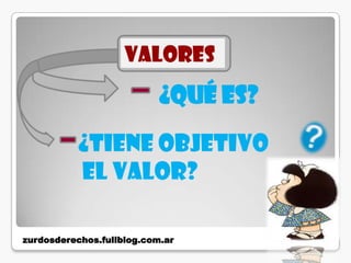 VALORES
                          ¿Qué es?

          ¿Tiene Objetivo
          el Valor?

zurdosderechos.fullblog.com.ar
 