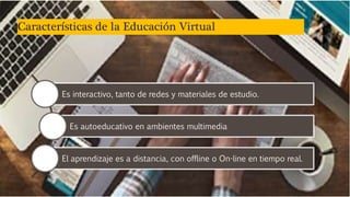 Características de la Educación Virtual
Es interactivo, tanto de redes y materiales de estudio.
Es autoeducativo en ambientes multimedia
El aprendizaje es a distancia, con offline o On-line en tiempo real.
 