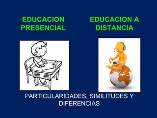 PARTICULARIDADES, SIMILITUDES Y
DIFERENCIAS
EDUCACION
PRESENCIAL
EDUCACION A
DISTANCIA
 