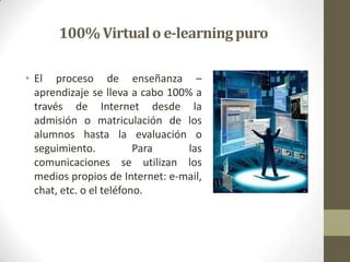 100% Virtual o e-learning puro

• El proceso de enseñanza –
  aprendizaje se lleva a cabo 100% a
  través de Internet desde la
  admisión o matriculación de los
  alumnos hasta la evaluación o
  seguimiento.           Para     las
  comunicaciones se utilizan los
  medios propios de Internet: e-mail,
  chat, etc. o el teléfono.
 