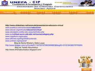 http://www.slideshare.net/nenevale/presentacion-educacin-virtual www.analitica.com/va/sociedad/ educacion www.educar.org/articulos/ educacionvirtual www.edudigital.unellez.edu.ve/portal/index.php www.aula virtual .sucre.udo.edu.ve/course/category.php www.coopfenix.org/prueba www.alfinred.org/blog/2008/contenido www.onlined.org/espanol/ Blog de Norka Mirabal y Delia Luque http://www.blogger.com/i.g?inviteID=1347251970820999863&blogID=2316184386378795893 Blog de Yadala Abouhadour http://www.efrainabouhadour.blogspot.com/ Introducción Proceso Recursos Evaluación Conclusión Tarea 1 2 3 4 5 1 2 3 4 1 2 3 4 1 2 3 4 1 2 3 4 INICIO Coordinación de Investigación y Postgrado  - CIP 