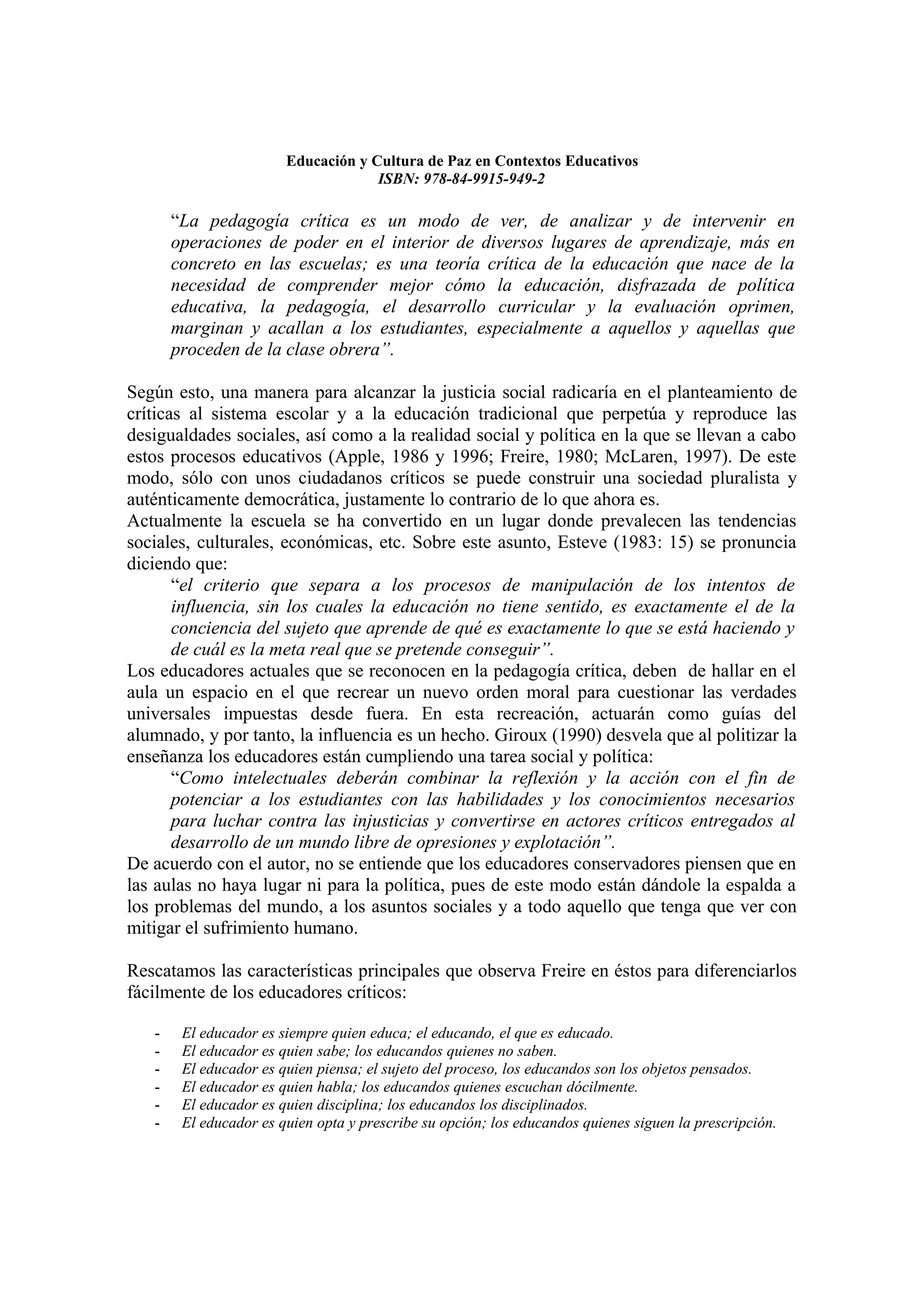 Educacion y cultura de paz en contextos educativos