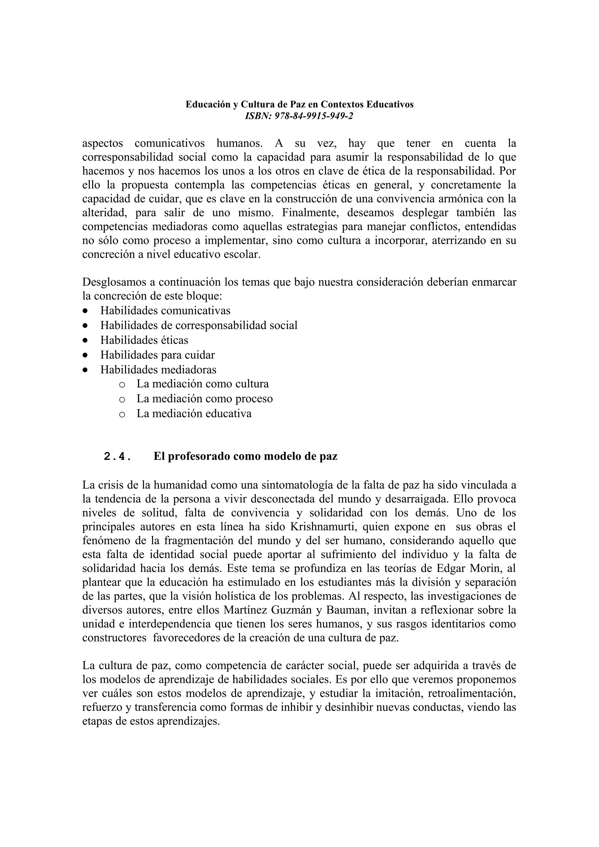 Educacion y cultura de paz en contextos educativos