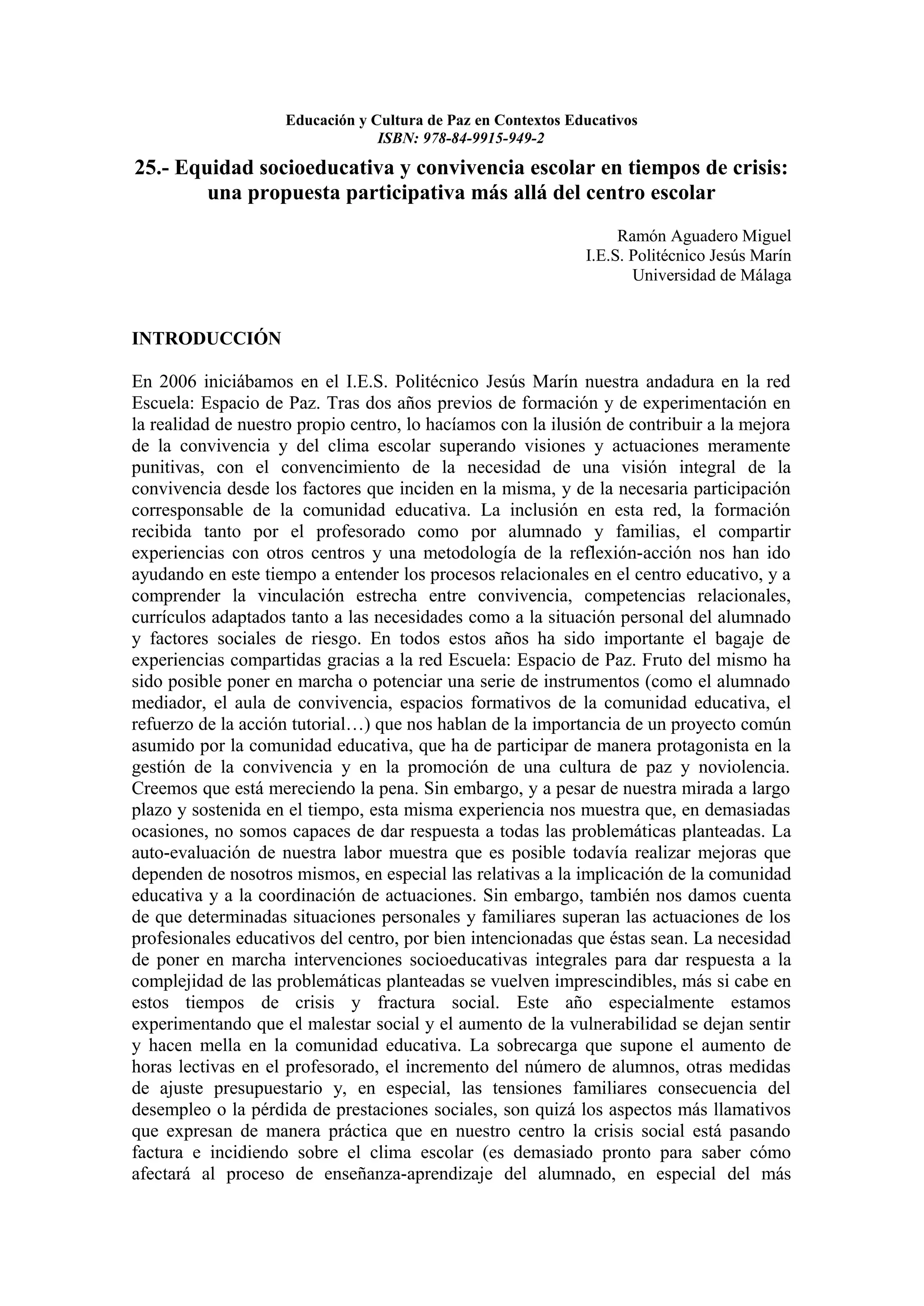 Educacion y cultura de paz en contextos educativos