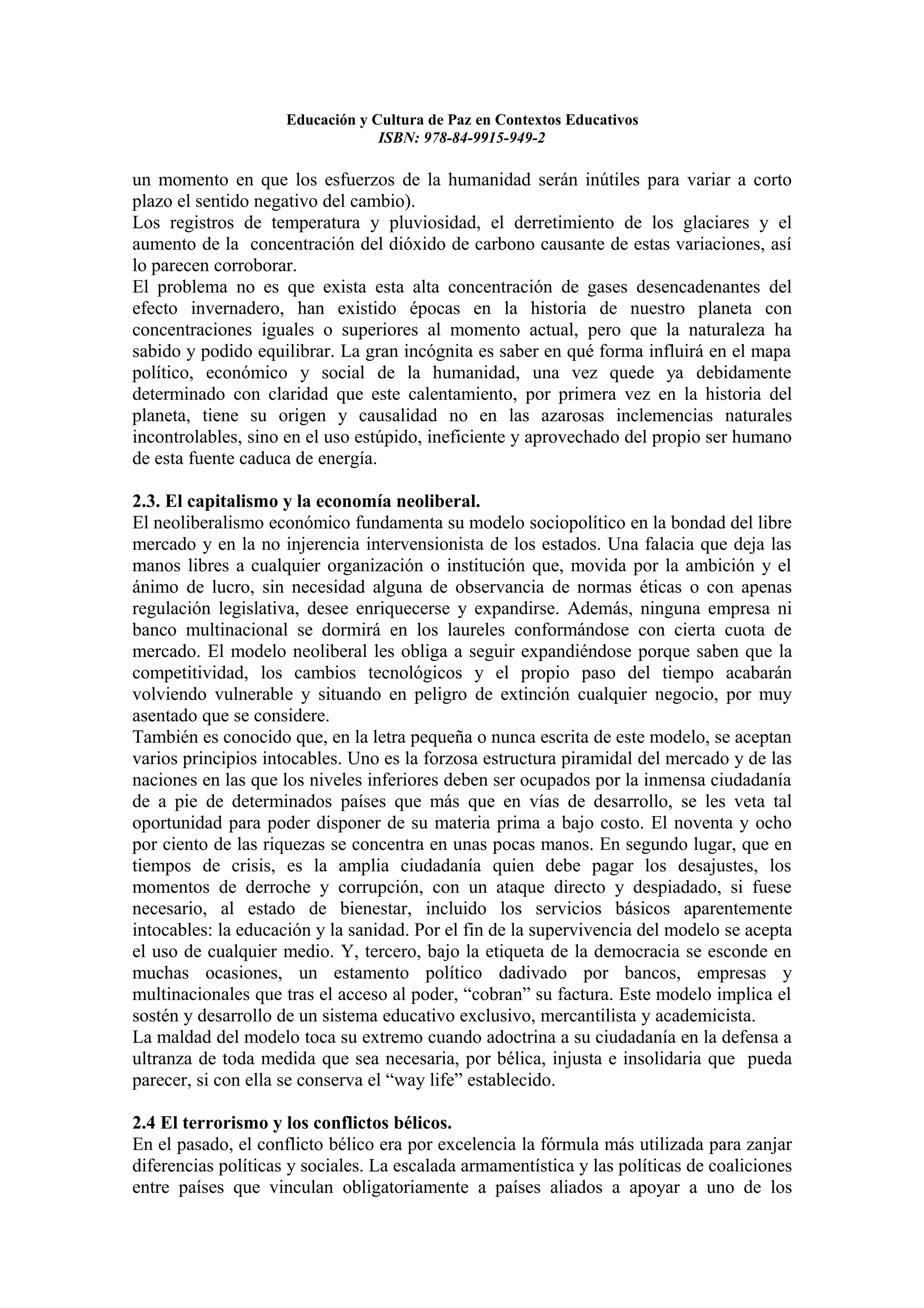 Educacion y cultura de paz en contextos educativos