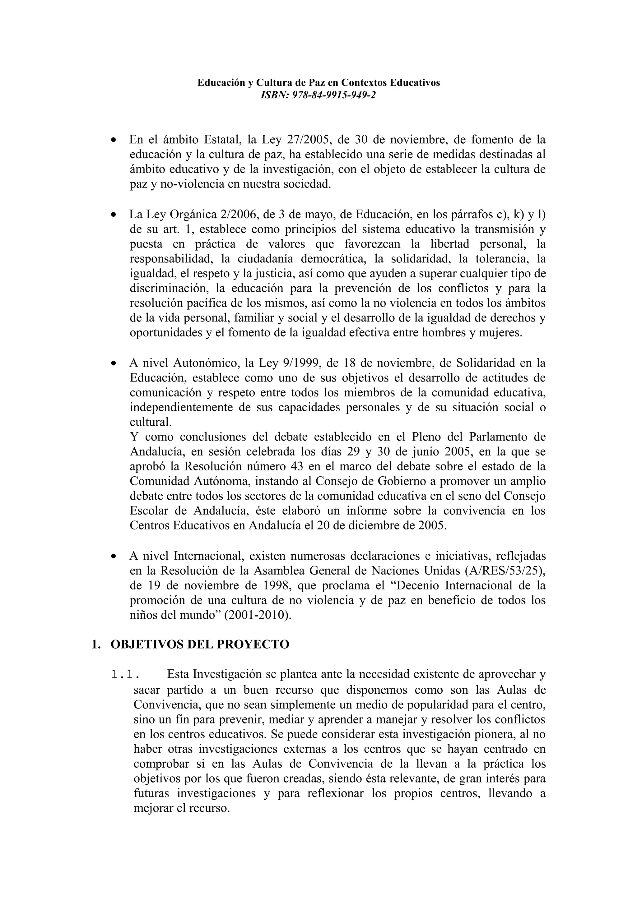 Educacion y cultura de paz en contextos educativos