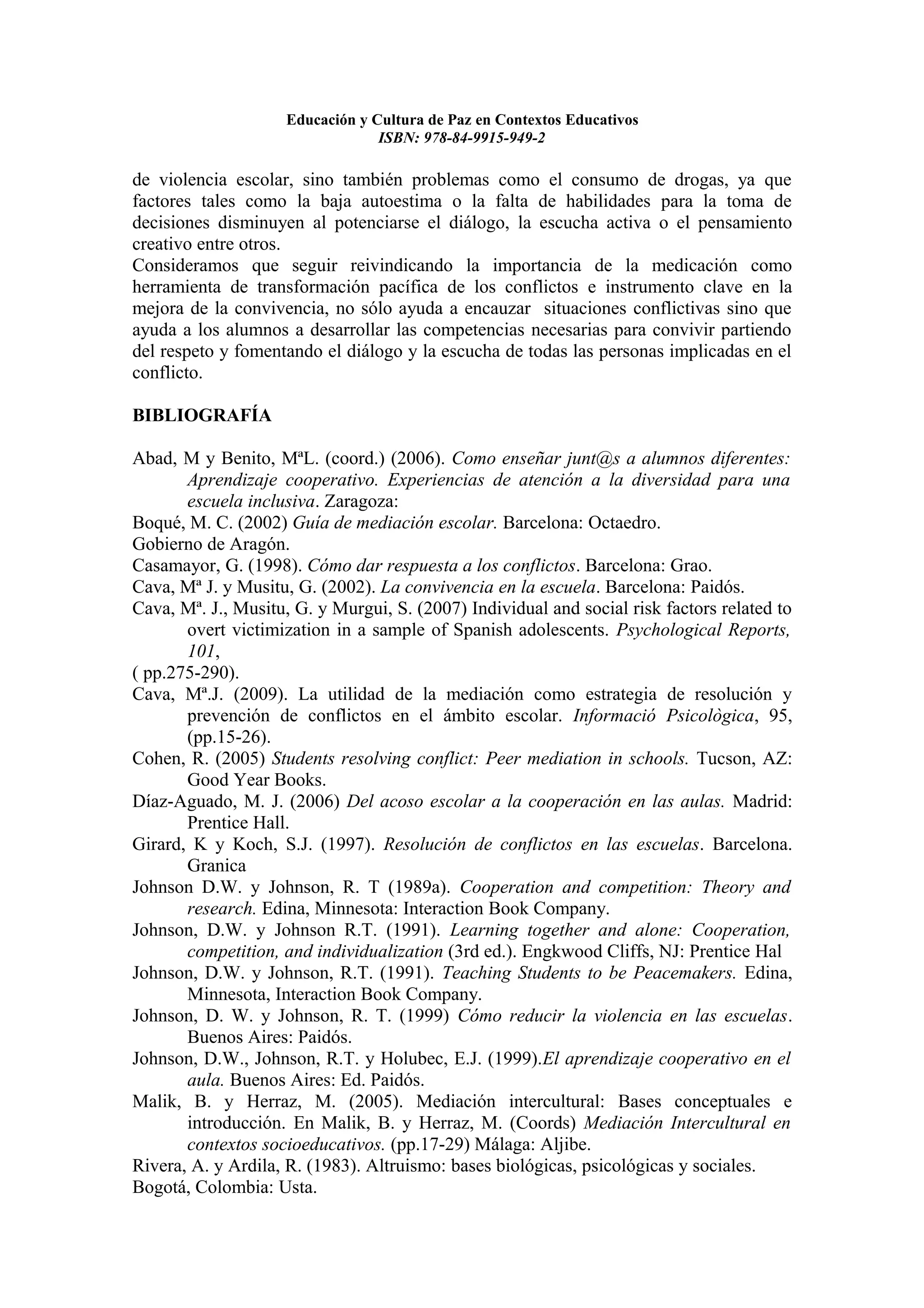 Educacion y cultura de paz en contextos educativos