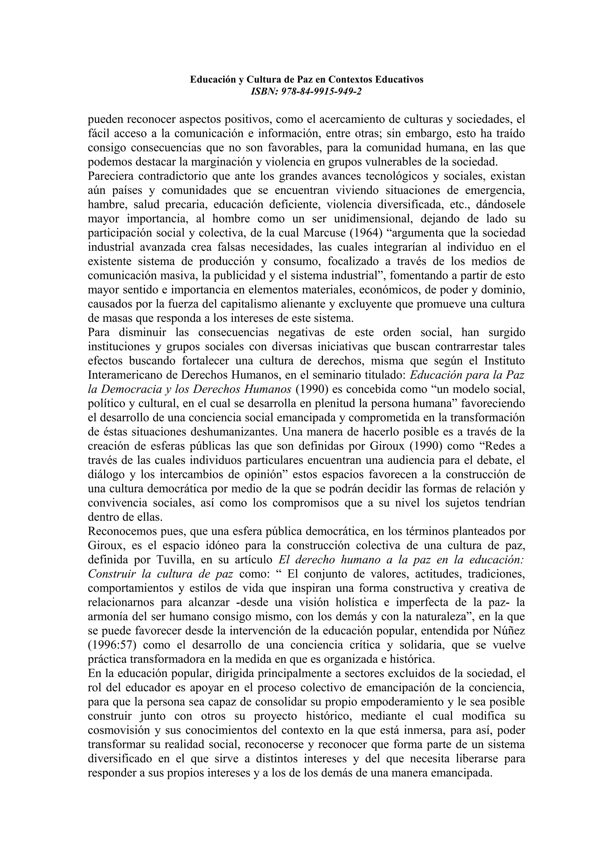 Educacion y cultura de paz en contextos educativos