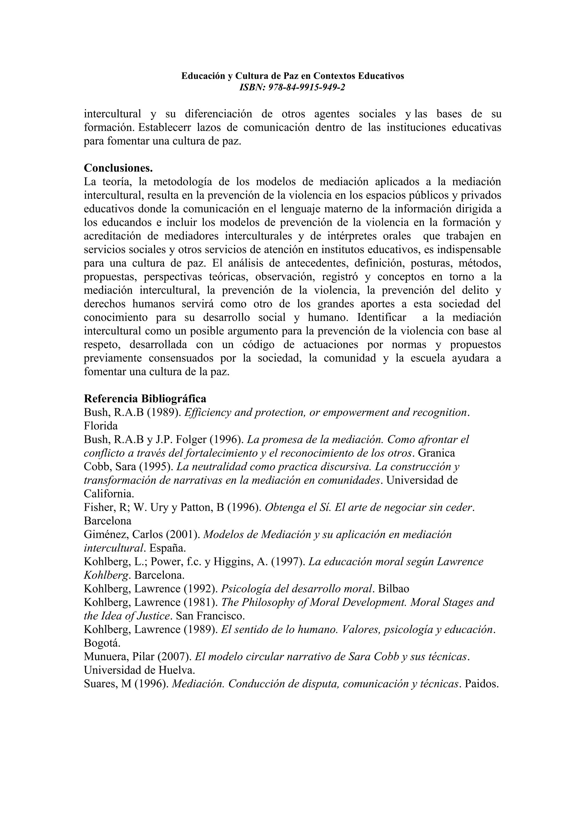 Educacion y cultura de paz en contextos educativos