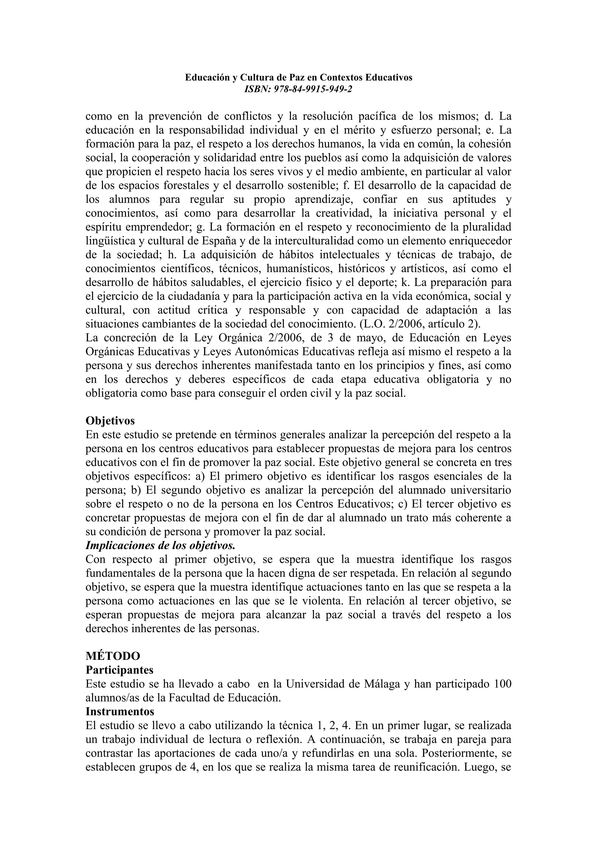 Educacion y cultura de paz en contextos educativos