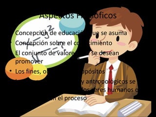 Aspectos Filosóficos
• Concepción de educación que se asuma
• Concepción sobre el conocimiento
• El conjunto de valores que se desean
  promover
• Los fines, objetivos y propósitos
• Los aspectos históricos y antropológicos se
  refieren a la cultura y a los seres humanos que
  intervienen en el proceso
 
