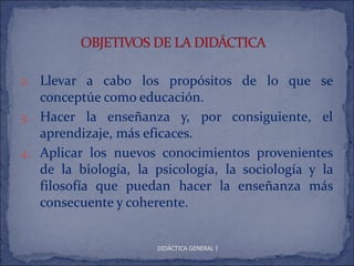 2. Llevar a cabo los propósitos de lo que se
   conceptúe como educación.
3. Hacer la enseñanza y, por consiguiente, el
   aprendizaje, más eficaces.
4. Aplicar los nuevos conocimientos provenientes
   de la biología, la psicología, la sociología y la
   filosofía que puedan hacer la enseñanza más
   consecuente y coherente.


                      DIDÁCTICA GENERAL I
 