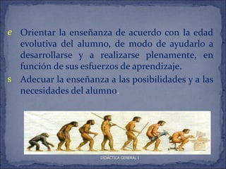 e Orientar la enseñanza de acuerdo con la edad
  evolutiva del alumno, de modo de ayudarlo a
  desarrollarse y a realizarse plenamente, en
  función de sus esfuerzos de aprendizaje.
s Adecuar la enseñanza a las posibilidades y a las
  necesidades del alumno.




                      DIDÁCTICA GENERAL I
 