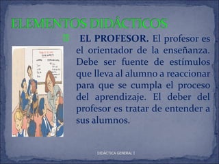 ì    EL PROFESOR. El profesor es
    el orientador de la enseñanza.
    Debe ser fuente de estímulos
    que lleva al alumno a reaccionar
    para que se cumpla el proceso
    del aprendizaje. El deber del
    profesor es tratar de entender a
    sus alumnos.


         DIDÁCTICA GENERAL I
 