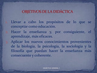 1. Llevar a cabo los propósitos de lo que se
   conceptúe como educación.
2. Hacer la enseñanza y, por consiguiente, el
   aprendizaje, más eficaces.
3. Aplicar los nuevos conocimientos provenientes
   de la biología, la psicología, la sociología y la
   filosofía que puedan hacer la enseñanza más
   consecuente y coherente.


                      DIDÁCTICA GENERAL I
 