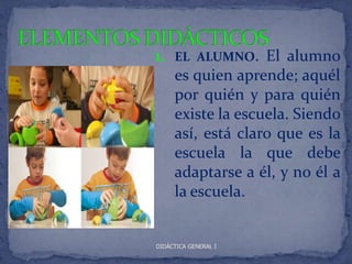 1.   EL ALUMNO.    El alumno
     es quien aprende; aquél
     por quién y para quién
     existe la escuela. Siendo
     así, está claro que es la
     escuela la que debe
     adaptarse a él, y no él a
     la escuela.


DIDÁCTICA GENERAL I
 
