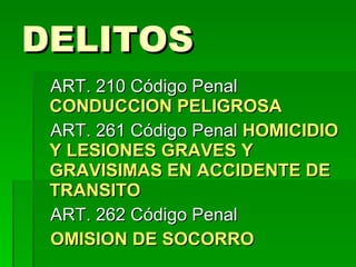 DELITOS ART. 210 Código Penal  CONDUCCION PELIGROSA ART. 261 Código Penal  HOMICIDIO Y LESIONES GRAVES Y GRAVISIMAS EN ACCIDENTE DE TRANSITO ART. 262 Código Penal  OMISION DE SOCORRO 