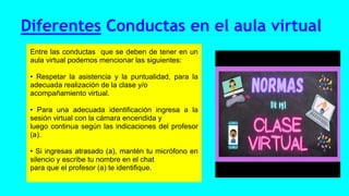 Diferentes Conductas en el aula virtual
Entre las conductas que se deben de tener en un
aula virtual podemos mencionar las siguientes:
• Respetar la asistencia y la puntualidad, para la
adecuada realización de la clase y/o
acompañamiento virtual.
• Para una adecuada identificación ingresa a la
sesión virtual con la cámara encendida y
luego continua según las indicaciones del profesor
(a).
• Si ingresas atrasado (a), mantén tu micrófono en
silencio y escribe tu nombre en el chat
para que el profesor (a) te identifique.
 