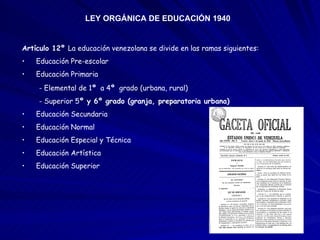 LEY ORGÁNICA DE EDUCACIÓN 1940 Artículo 12º  La educación venezolana se divide en las ramas siguientes: Educación Pre-escolar Educación Primaria  - Elemental de 1 º   a 4 º   grado   (urbana, rural) - Superior 5 º y 6º grado (granja, preparatoria urbana) Educación Secundaria Educación Normal Educación Especial y Técnica Educación Artística Educación Superior 