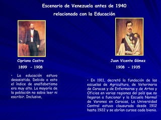 Escenario de Venezuela antes de 1940 relacionado con la Educación Cipriano Castro 1899  - 1908 Juan Vicente Gómez 1908  - 1935 La educación estuvo desasistida. Debido a esto el índice de analfabetismo era muy alto. La mayoría de la población no sabia leer ni escribir. Inclusive, En 1911, decretó la fundación de las escuelas de Agricultura, de Veterinaria de Caracas y de Enfermeras y de Artes y Oficios en varias regiones del país que no llegaron a funcionar y la Escuela Normal de Varones en Caracas, La Universidad Central estuvo clausurada desde 1912 hasta 1922 y se abrían cursos cada bienio.  