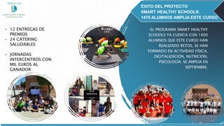 EL PROGRAMA SMART HEALTHY
SCHOOLS YA CUENTA CON 1400
ALUMNOS QUE ESTE CURSO HAN
REALIZADO RETOS, SE HAN
FORMADO EN ACTIVIDAD FÍSICA,
DIGITALIZACIÓN, NUTRICIÓN,
PSICOLOGÍA. SE AMPLIA EN
SEPTIEMBRE.
ÉXITO DEL PROYECTO
SMART HEALTHY SCHOOLS:
1470 ALUMNOS AMPLIA ESTE CURSO
- 12 ENTREGAS DE
PREMIOS
- 24 CÁTERING
SALUDABLES
- JORNADAS
INTERCENTROS CON
MIL EUROS AL
GANADOR
 