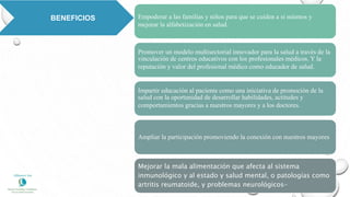 BENEFICIOS Empoderar a las familias y niños para que se cuiden a sí mismos y
mejorar la alfabetización en salud.
Promover un modelo multisectorial innovador para la salud a través de la
vinculación de centros educativos con los profesionales médicos. Y la
reputación y valor del profesional médico como educador de salud.
Impartir educación al paciente como una iniciativa de promoción de la
salud con la oportunidad de desarrollar habilidades, actitudes y
comportamientos gracias a nuestros mayores y a los doctores.
Ampliar la participación promoviendo la conexión con nuestros mayores
Mejorar la mala alimentación que afecta al sistema
inmunológico y al estado y salud mental, o patologías como
artritis reumatoide, y problemas neurológicos-
 