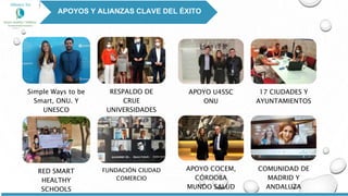 APOYOS Y ALIANZAS CLAVE DEL ÉXITO
APOYO U4SSC
ONU
17 CIUDADES Y
AYUNTAMIENTOS
APOYO COCEM,
CÓRDOBA
MUNDO SALUD
COMUNIDAD DE
MADRID Y
ANDALUZA
Simple Ways to be
Smart, ONU. Y
UNESCO
RESPALDO DE
CRUE
UNIVERSIDADES
ESPAÑOLAS
RED SMART
HEALTHY
SCHOOLS
FUNDACIÓN CIUDAD
COMERCIO
 