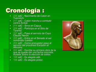 Cronología :  234  adC  - Nacimiento de Catón en Tusculum.  217  adC  - Catón marcha a combatir contra Aníbal.  214  adC  - Sirve en Capua.  209  adC  - Participa en el Sitio de Tarento.  207  adC  - Pasa al servicio de Cayo Claudio Nerón.  205  adC  - Entra en el Senado al ser nombrado cuestor.  204  adC  - Como procuestor pasa al servicio del procónsul Escipión el Africano.  202  adC  - Escribe su primera obra de la que se puede dar una fecha concreta, titulada  Sobre la elección de ediles .  199  adC  - Es elegido edil.  198  adC  - Es elegido pretor.  