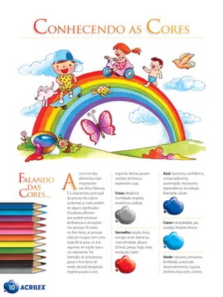 Conhecendo as Cores
cor é um dos
elementos mais
importantes
nas Artes Plásticas.
É a característica principal
da pintura. Na cultura
ocidental, as cores podem
ter alguns significados.
Estudiosos afirmam
que podem provocar
lembranças e sensações
nas pessoas. Às vezes,
no Ano Novo, as pessoas
colocam roupas com cores
específicas para, no ano
seguinte, ter aquilo que a
cor representa. Por
exemplo: se uma pessoa
passa o Ano Novo de
verde, ela está desejando
esperança para o ano
seguinte. Muitas passam
vestidas de branco,
esperando a paz.
Cinza: elegância,
humildade, respeito,
reverência, sutileza;
Vermelho: paixão, força,
energia, amor, liderança,
masculinidade, alegria
(China), perigo, fogo, raiva,
revolução,“pare”;
Azul: harmonia, confidência,
conservadorismo,
austeridade, monotonia,
dependência, tecnologia,
liberdade, saúde;
Ciano: tranquilidade, paz,
sossego, limpeza, frescor;
Verde: natureza, primavera,
fertilidade, juventude,
desenvolvimento, riqueza,
dinheiro, boa sorte, ciúmes,
A
10
Falando
das
cores...
 