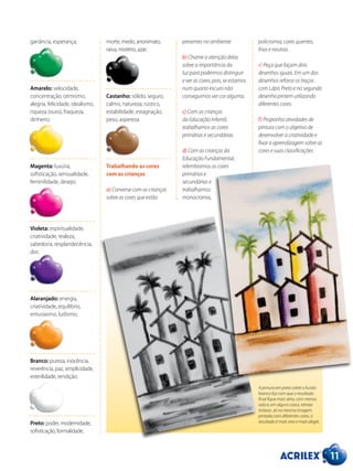 ganância, esperança;
Amarelo: velocidade,
concentração, otimismo,
alegria, felicidade, idealismo,
riqueza (ouro), fraqueza,
dinheiro;
Magenta: luxúria,
sofisticação, sensualidade,
feminilidade, desejo;
Violeta: espiritualidade,
criatividade, realeza,
sabedoria, resplandecência,
dor;
Alaranjado: energia,
criatividade, equilíbrio,
entusiasmo, ludismo;
Branco: pureza, inocência,
reverência, paz, simplicidade,
esterilidade, rendição;
Preto: poder, modernidade,
sofisticação, formalidade,
11
morte, medo, anonimato,
raiva, mistério, azar;
Castanho: sólido, seguro,
calmo, natureza, rústico,
estabilidade, estagnação,
peso, aspereza.
Trabalhando as cores
com as crianças
a) Converse com as crianças
sobre as cores que estão
presentes no ambiente.
b) Chame a atenção delas
sobre a importância da
luz para podermos distinguir
e ver as cores, pois, se estamos
num quarto escuro não
conseguimos ver cor alguma.
c) Com as crianças
da Educação Infantil,
trabalhamos as cores
primárias e secundárias.
d) Com as crianças da
Educação Fundamental,
relembramos as cores
primárias e
secundárias e
trabalhamos:
monocromia,
policromia, cores quentes,
frias e neutras.
e) Peça que façam dois
desenhos iguais. Em um dos
desenhos reforce os traços
com Lápis Preto e no segundo
desenho pintem utilizando
diferentes cores.
f) Proponha atividades de
pintura com o objetivo de
desenvolver a criatividade e
fixar a aprendizagem sobre as
cores e suas classificações.
A pintura em preto sobre o fundo
branco faz com que o resultado
final fique mais sério, com menos
vida e, em alguns casos, retrata
tristeza. Já na mesma imagem
pintada com diferentes cores, o
resultado é mais vivo e mais alegre.
 