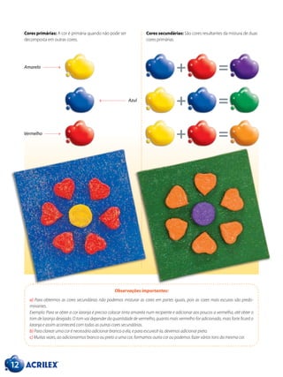 12
Cores primárias: A cor é primária quando não pode ser
decomposta em outras cores.
Cores secundárias: São cores resultantes da mistura de duas
cores primárias.
Observações importantes:
a) Para obtermos as cores secundárias não podemos misturar as cores em partes iguais, pois as cores mais escuras são predo-
minantes.
Exemplo: Para se obter a cor laranja é preciso colocar tinta amarela num recipiente e adicionar aos poucos a vermelha, até obter o
tom de laranja desejado. O tom vai depender da quantidade de vermelho, quanto mais vermelho for adicionado, mais forte ficará o
laranja e assim acontecerá com todas as outras cores secundárias.
b) Para clarear uma cor é necessário adicionar branco a ela, e para escurecê-la, devemos adicionar preto.
c) Muitas vezes, ao adicionarmos branco ou preto a uma cor, formamos outra cor ou podemos fazer vários tons da mesma cor.
Amarelo
Vermelho
Azul
 