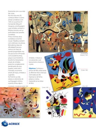 El Gallo, 1940.
Constelação – A estrela da manhã, 1940.
Cantar, 1950.
O Ar, 1937.
símbolos, e reduziu a
cor, passando a usar
basicamente o branco e
o preto.
Objetivos: Conhecer a
pintura de Miró, observando
as diferentes fases e técnicas
vivenciadas por ele.
Expressar-se de forma
própria e criativa,
inspirando-se nas obras
de Miró.
16
O Carnaval de
Arlequim, 1924.
fortemente com a sua visão
das coisas.
No início dos anos 20,
conheceu Breton e outros
artistas surrealistas e, em
1924, na sua pintura“O
Carnaval de Arlequim”,
inaugurou uma linguagem
cujos símbolos remetem à
fantasia inocente, sem as
profundezas das questões
surrealistas.
Pintou inúmeras obras
surrealistas e enormes
murais. Trabalhou também
com cerâmicas e esculturas.
Miró alternou fases de
dificuldade financeira
intensa com fases de
grande prosperidade, mas
aos poucos foi se firmando
como excelente artista,
graças à sua irreverência.
Essa forma interpretativa
através de símbolos
preenche completamente
grande parte dos seus
quadros, onde tudo é
mostrado unicamente
através de traços, símbolos e
sugestões.
No final de sua vida,
reduziu os elementos de
sua linguagem artística
a pontos, linhas, alguns
 