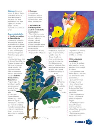 21
Objetivos: Conhecer a
pintura de Aldemir Martins,
observando as cores, as
linhas, a simplificação
das formas e os temas
retratados nas suas obras.
Expressar-se de forma
própria e criativa,
inspirando-se nas obras do
pintor.
Sugestões de trabalho:
a) Trabalho com as obras
de Aldemir Martins
• Inicialmente, mostre aos
alunos algumas obras de
Aldemir Martins e converse
sobre o que eles veem. Fale
sobre as cores, as linhas e
os temas retratados pelo
pintor (natureza, pessoas,
Nordeste, cangaço, gatos e
outros).
• Sugira uma pesquisa sobre
as obras de Aldemir Martins.
Peça que pesquisem, além
dos temas, os materiais
por ele utilizados. Que
pesquisem também
sobre os movimentos
artísticos que aparecem
nas obras (Cubismo,
Impressionismo,
Modernismo).
Pergunte o que eles
perceberam que foi
acontecendo com
o estilo do pintor
ao longo dos
anos.
• Escolha uma
obra e direcione o
trabalho. Faça a leitura
formal, em seguida
interpretativa, e proponha
que criem obras inéditas
inspiradas na obra estudada.
• Faça uma exposição das
obras e converse com os
alunos sobre os resultados
obtidos.
b) Conteúdos
• História da arte
(movimentos artísticos:
cubismo, modernismo,
impressionismo), linhas,
formas, planos e cores.
c) Possibilidades de
trabalho a partir do
estudo da obra (trabalho
interdisciplinar).
• Aldemir Martins retratou
em suas obras vários temas
diferentes, utilizando
técnicas e materiais
também diferentes.
Portanto, o trabalho deverá
ser direcionado a partir da
escolha da obra.
• Sugestão:“Vaso de flores”.
- Pesquisar sobre as flores no
a importância das flores na
fabricação de perfumes,
remédios ou comidas.
d) Sistematização da
aprendizagem
• Ao término da atividade,
reúna os alunos e, juntos,
relembrem todas as etapas
do trabalho:
– O que aprenderam sobre
Aldemir Martins? Como eram
suas obras? Quais os temas
que ele retratou?
– Quais as cores, linhas e
formas que ele usava?
– Como foi fazer a leitura
formal e interpretativa
da obra escolhida? Quais
conteúdos de arte foram
relembrados?
– Como foi o momento de
criação? E o momento de
apreciar as criações dos
colegas?
– No trabalho com a obra
“Vaso de flores”, quais
as técnicas e materiais
utilizados? O que se aprendeu
com esse trabalho?
– Quais os objetivos iniciais e
quais os alcançados?
Brasil, espécies, reprodução,
época em que florescem,
cuidados, podas etc.
- Prestar atenção nos
diferentes formatos das
flores, nas cores que elas
têm, objetivando criar
desenhos próprios de flores.
- Pesquisar sobre a variação
de preços que acontece
em determinadas épocas
do ano.
- Pesquisar
sobre os
tipos de
profissionais
que estão
envolvidos
com as
flores.
- Discutir
Galo Azul e Verde, 1967.
Gato Laranja com Flores, 1999.
 