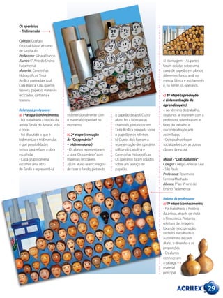 29
Os operários
– Tridimensão
Colégio: Colégio
Estadual Fúlvio Abramo
de São Paulo
Professora: Silnara Franco
Alunos: 5° Ano do Ensino
Fudamental
Material: Canetinhas
Hidrográficas, Tinta
Acrílica prateada e azul,
Cola Branca, Cola quente,
tesoura, papelão, materiais
reciclados, cartolina e
tesoura.
Relato da professora:
a) 1ª etapa (conhecimento)
- Foi trabalhada a história da
artista Tarsila do Amaral, vida
e obras.
- Foi discutido o que é
bidimensão e tridimensão,
e que possibilidades
temos para refazer a obra
escolhida.
- Cada grupo deveria
escolher uma obra
de Tarsila e representá-la
tridimensionalmente com
o material disponível no
momento.
b) 2ª etapa (execução
de “Os operários”
– tridimensional)
- Os alunos representaram
a obra“Os operários”com
materiais recicláveis.
a) Um aluno se encarregou
de fazer o fundo, pintando
o papelão de azul. Outro
aluno fez a fábrica e as
chaminés, pintando com
Tinta Acrílica prateada sobre
o papelão e os rolinhos.
b) Outros dois fizeram a
representação dos operários
utilizando cartolina e
Canetinhas Hidrográficas.
Os operários foram colados
sobre um pedaço de
papelão.
c) Montagem – As partes
foram coladas sobre uma
caixa de papelão em planos
diferentes: fundo azul, no
meio a fábrica e as chaminés
e, na frente, os operários.
c) 3ª etapa (apreciação
e sistematização da
aprendizagem)
– Ao término do trabalho,
os alunos se reuniram com a
professora, relembraram as
fases do trabalho e
os conteúdos de arte
assimilados.
- Os trabalhos foram
socializados com as outras
classes da escola.
Mural - “Os Estudantes”
Colégio: Colégio Arandas Leal
- São Paulo
Professora: Rosemeire
Ferreira Machado
Alunos: 1° ao 9° Ano do
Ensino Fudamental
Relato da professora:
a) 1ª etapa (conhecimento)
- Foi trabalhada a história
da artista, através de visita
à Pinacoteca. Portanto,
releitura das imagens
focando miscigenação,
onde foi trabalhado o
autorretrato de cada
aluno, o desenho e as
proporções.
- Os alunos
conheceram
a cabaça,
material
principal
 