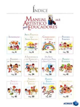 Índice
3
Manual
Artístico
educadorespara
Vol.3
Pág. 4 Pág. 6 Pág. 10 Pág. 15
Introdução
Artes Plásticas
nas
Séries Iniciais
Conhecendo
as Cores
Pintores
Famosos
Pág. 31 Pág. 34 Pág. 36 Pág. 41
A Importância
doTrabalho
com Projetos
Falando
de Esculturas...
da Arte
Individual Para
a Arte Coletiva
Projeto
Ecologia
Pág. 45 Pág. 50 Pág. 57 Pág. 61
Projeto
Folclore
Projeto
Contos e
Fábulas
Projeto
Jogos
Pedagógicos
Projeto Papéis
Pintados
 