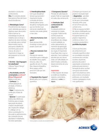 35
abordados e produzirão
conhecimento.
Obs.: Os conteúdos deverão
fazer parte do Plano de Ensino
anual da professora.
e) Metodologia: Como?
Procedimentos das etapas a
serem adotadas para que os
objetivos sejam alcançados.
Pode-se pensar na
metodologia (no jeito de
trabalhar para se atingir o
objetivo) de várias maneiras,
por exemplo, para se atingir
determinados marcos,
precisamos trabalhar de
uma forma, para outros
marcos, de outra. O
importante é chegar ao
alvo proposto no início da
atividade.
f) Em Arte – Que linguagem
foi trabalhada?
• Música? Teatro? Dança?
Artes visuais?
g) Na atividade, como foi
contemplado o conhecer?
O fazer? O apreciar?
Relatar os três itens.
– Conhecer: É a
contextualização da
atividade, a história, a
referência.
– Fazer: É o processo da
confecção, as fases da
criação.
– Apreciar: É a apreciação
estética das referências
históricas para a criação,
apreciação da própria
criação e da apreciação
das criações dos colegas.
É o diálogo com as
obras ou produções. É a
discussão ou apontamentos
dos conteúdos de arte
abordados e trabalhados
nas obras apreciadas.
h) Interdisciplinaridade:
Com quais disciplinas?
Sempre que possível, é
importante estudar
conteúdos de forma
interdisciplinar (várias
disciplinas interligadas), para
que se entenda o que
está sendo trabalhado de
maneira mais ampla, global,
e mais clara.
i) Recursos humanos: Com
quem?
Quais pessoas estão
envolvidas na execução do
projeto. Quem são?
j) Recursos materiais: Com
o quê?
Previsão de materiais
necessários para a realização
do trabalho: livros, papéis,
tesouras, colas, CDs,
aparelho de som, TV, vídeo,
fitas, máquina fotográfica,
filme, espaço, enfim,
pense em tudo que será
necessário.
k) População Alvo: A quem?
Beneficiados com o projeto,
quantificar.
l) Cronograma: Quando?
Previsão de cada etapa do
projeto. Pode ser organizado
em aulas, dias, semanas etc.
m) Avaliação: Qual
conhecimento foi
adquirido?
A avaliação poderá ser
individual, em duplas
ou grupos. Poderá ainda
ser feita através de
registros, observações
do professor, dos colegas
ou auto-avaliação, ou
ainda coletivamente, no
momento da apreciação
estética realizada ao final
da criação. O importante
é que fique claro o que se
aprendeu. Caso o professor
perceba que seus alunos
estão com dificuldades em
determinados conteúdos,
deverá retomá-los de uma
nova forma.
Importante:
1) Não esquecer de anexar
as evidências (trabalhos,
registros, comentários,
relatórios), o antes e o
depois.
2) Sempre que iniciamos um
projeto é necessário fazer
o diagnóstico – perceber
o que os alunos sabem
ou de que a comunidade
necessita, enfim, pisar
em terra firme para não
cometer erros.
3) Não se esqueça também
de colocar a bibliografia, que
servirá de consulta e apoio.
4) Quando fazemos um
projeto e registramos
conforme os itens 1, 2 e
3, estamos produzindo o
portifólio do projeto.
O ensino da Arte é área
de conhecimento com
conteúdos específicos e deve
ser consolidada como parte
constitutiva dos currículos
escolares, requerendo,
portanto, discussões e
capacitações constantes dos
professores para orientar a
formação do aluno. Isso fará
com que as aulas de Artes
sejam mais prazerosas, tanto
para os alunos como para os
professores, com resultados
criativos e pedagógicos muito
mais significativos.
Outros projetos e estudos de Leonardo Da Vinci.
 