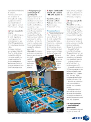 37
interior e exterior e desenho
de paisagens.
Professor e alunos saíram
para um passeio de
observação pela cidade,
onde deveriam retratar,
através de desenho em
papel, os pontos que mais
lhes chamassem a atenção.
b) 2ª etapa (execução das
pinturas)
Foram cortados retângulos
de tecido (algodão cru)
e as crianças deveriam
transferir o desenho que
tinham feito para o tecido.
Para isso, utilizaram carbono
e lápis.
As crianças receberam
uma certa quantidade de
Tinta Para Tecido Acrilex
em pratinhos plásticos
e pincéis e, dessa forma,
iniciaram a pintura. Ao
término, alguns alunos
que quiseram, fizeram o
contorno do desenho com
Tinta Dimensional preta.
c) 3ª etapa (apreciação
e sistematização da
aprendizagem)
As pinturas prontas foram
colocadas no meio da
sala. Era o momento de se
conversar sobre as fases do
trabalho, as dificuldades,
descobertas e o que
aprenderam. Um dos alunos
disse:“Parece uma colcha
de retalhos!”. Ouvindo
isso, a professora Cláudia
Helena juntou os trabalhos
e confeccionou colchas,
almofadas e cortinas. Ao
verem o resultado, os pais
ficaram encantados com
os trabalhos realizados
pelos filhos.
Observação: As crianças se
encantaram com a pintura e
quiseram aprender a pintar
em tela. A
cada dia
surpreendem
professores,
pais e a si
próprios.
B) Projeto – Releituras de
obras de arte – Banners
– E.E. Fúlvio Abramo - SP
Escola Estadual Fúlvio
Abramo de São Paulo
Professora: Silnara Franco
Alunos: Educação
Fundamental I – 3º ano
Relato da professora:
a) 1ª etapa (conhecimento)
– Este projeto aconteceu
com os alunos do 3º ano
da Escola Estadual Fúlvio
Abramo, de São Paulo.
Inicialmente, a professora
Silnara mostrou obras
de Alfredo Volpi, Romero
Britto e Vincent van Gogh
aos alunos do terceiro ano
do Ensino Fundamental.
Dividiu-os
em grupos e
pediu uma
pesquisa
sobre a
vida e
obras
desses pintores, sendo que
cada grupo pesquisaria um
artista e socializaria com os
demais o que pesquisou.
b) 2ª etapa (execução das
pinturas)
Material: TNT vermelho,
branco e azul escuro, pratos
descartáveis, Tinta para
Tecido Acrilex, Tinta Acrílica
Acrilex, Crystal Cola, Primer,
tesoura, pincéis e papelão.
Encaminhamento: Depois
do conhecimento sobre o
pintor, sua obras e a escolha
das obras trabalhadas:
“O gato”, de Romero Britto
– Manual I,“A fachada
festiva”, de Alfredo Volpi e
“Os girassóis”, de Vincent van
Gogh – Manual II, cada aluno
se inspirou em uma obra e
criou seu próprio desenho.
– Prenderam o desenho
ao TNT com clips e o
transferiram para o TNT.
– Em seguida, prenderam o
TNT com o desenho em um
pedaço de papelão, para
facilitar a pintura. Pintaram
com Tinta para Tecido,
esperaram secar e fizeram
texturas com Crystal Cola.
– Depois de seco, retiraram
com muito cuidado do
papelão, para montar os
banners.
– Nos bastões, cabos de
vassoura com tampinhas
de garrafa pet encaixadas
nas pontas, passaram duas
demãos de Primer e pintaram
com Tinta Acrílica PVA.
c) 3ª etapa (apreciação
e sistematização da
aprendizagem)
Os trabalhos foram expostos
no pátio da escola e os
Projeto Colcha de Retalhos – Comunidade Kolping de Cruzália Paulista.
 